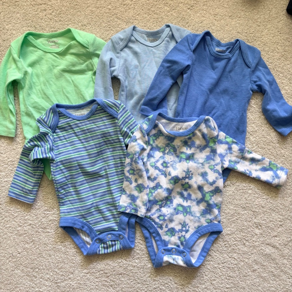 Hanes Bodysuits 5-Pack Long Sleeve Snap Closure Baby 0-6 Month Blue Green Stripe